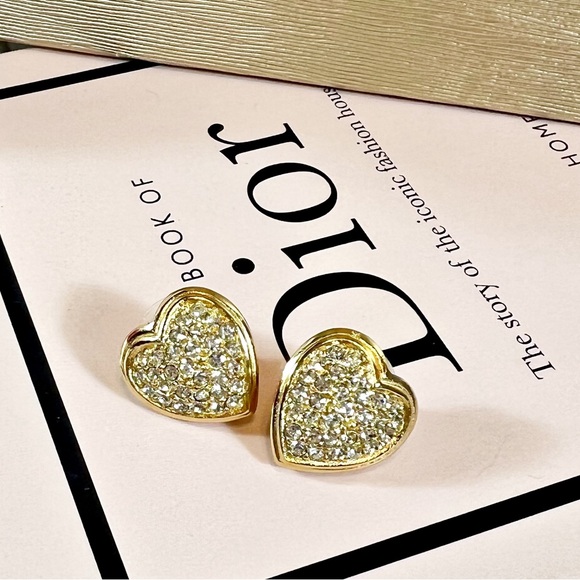 Christian Dior New Old Stock Gold Plated Heart Earrings w/ Swarovski Crystals - Picture 2 of 8